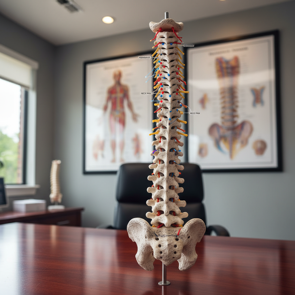 A close-up, photographic realistic view of a detailed human spine model standing upright on a polished wooden desk in a professional chiropractic office. The ivory-colored vertebrae and soft, flexible discs show intricate texture and curvature, with colored markers indicating nerve pathways related to headaches and neck pain. Behind the model, neatly arranged, blurred charts of the nervous system and cervical spine hang on a soft gray wall, adding context without distraction. Gentle overhead lighting combines with natural window light from the side, creating a balanced, shadow-free illumination that feels clinical yet welcoming. Shot at eye level with a shallow depth of field, the spine model is sharply in focus while the background softly recedes into bokeh, conveying precision, expertise, and a focus on spinal health and gentle pain relief.